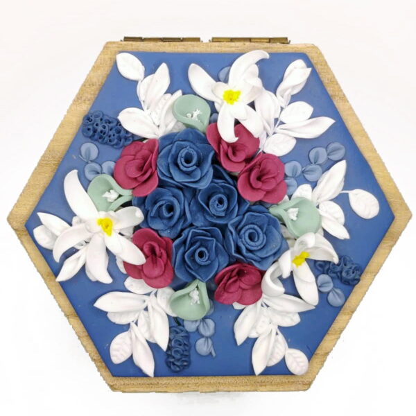 Joyero Hexagonal de Madera - Diseño floral artesanal en azul